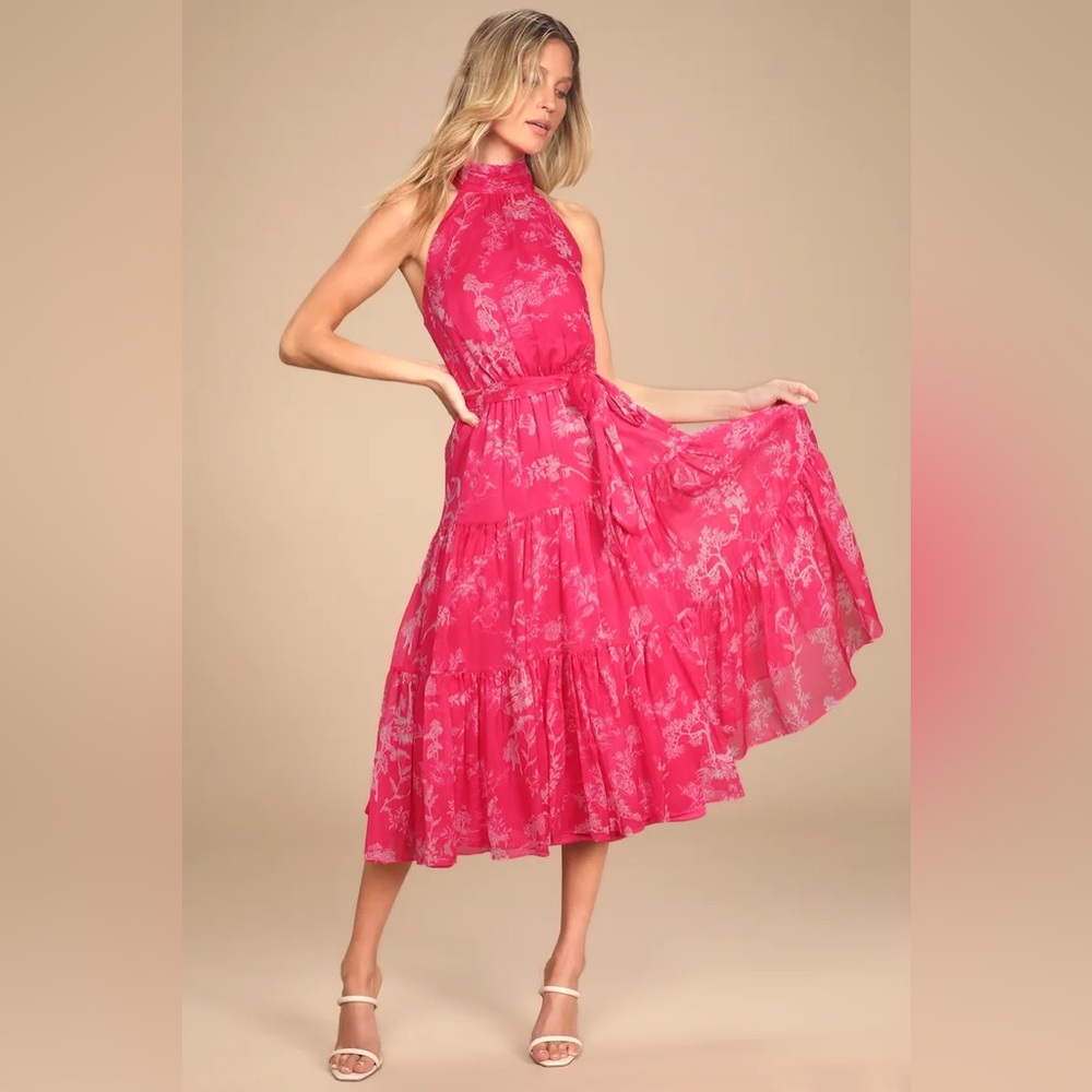 NWT LULUS Float to You Hot Pink Floral Print Halter-Neck Tiered Midi Dress XS